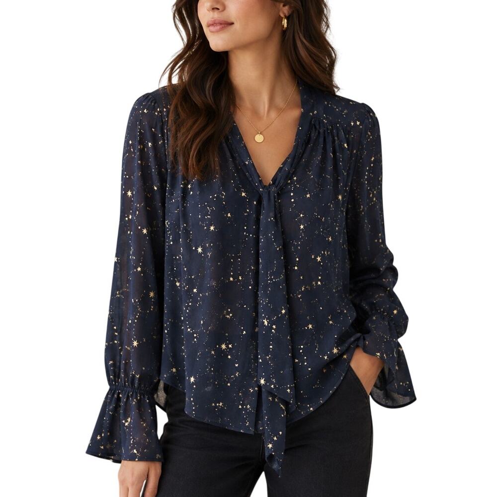 Judith March Navy Blue Gold Star Blouse M Tie Sash Puff Sleeve Flare French Cuff